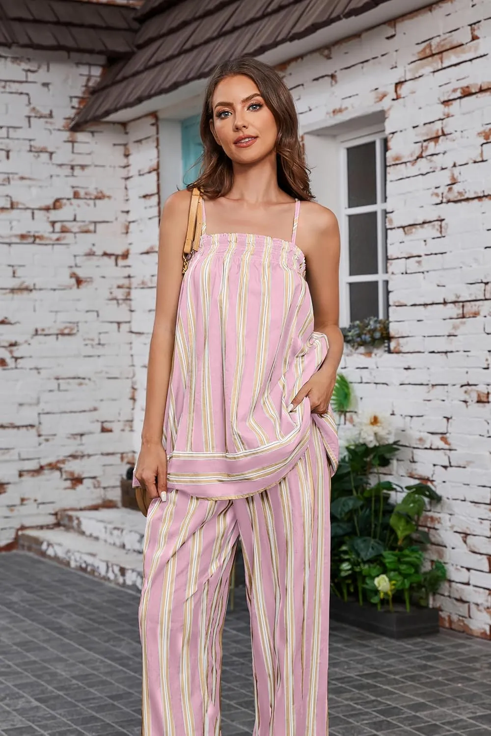 Summer Cute Sleeveless Striped Tank Top for Women Y2K Smocked Spaghetti Strap Camisole Tops Color Block Babydoll Tops