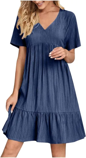 Summer Dress for Women 2025 Casual V Neck Short Sleeve Swing Midi Dresses Ruffle Tiered Flowy Beach A-Line Sundress