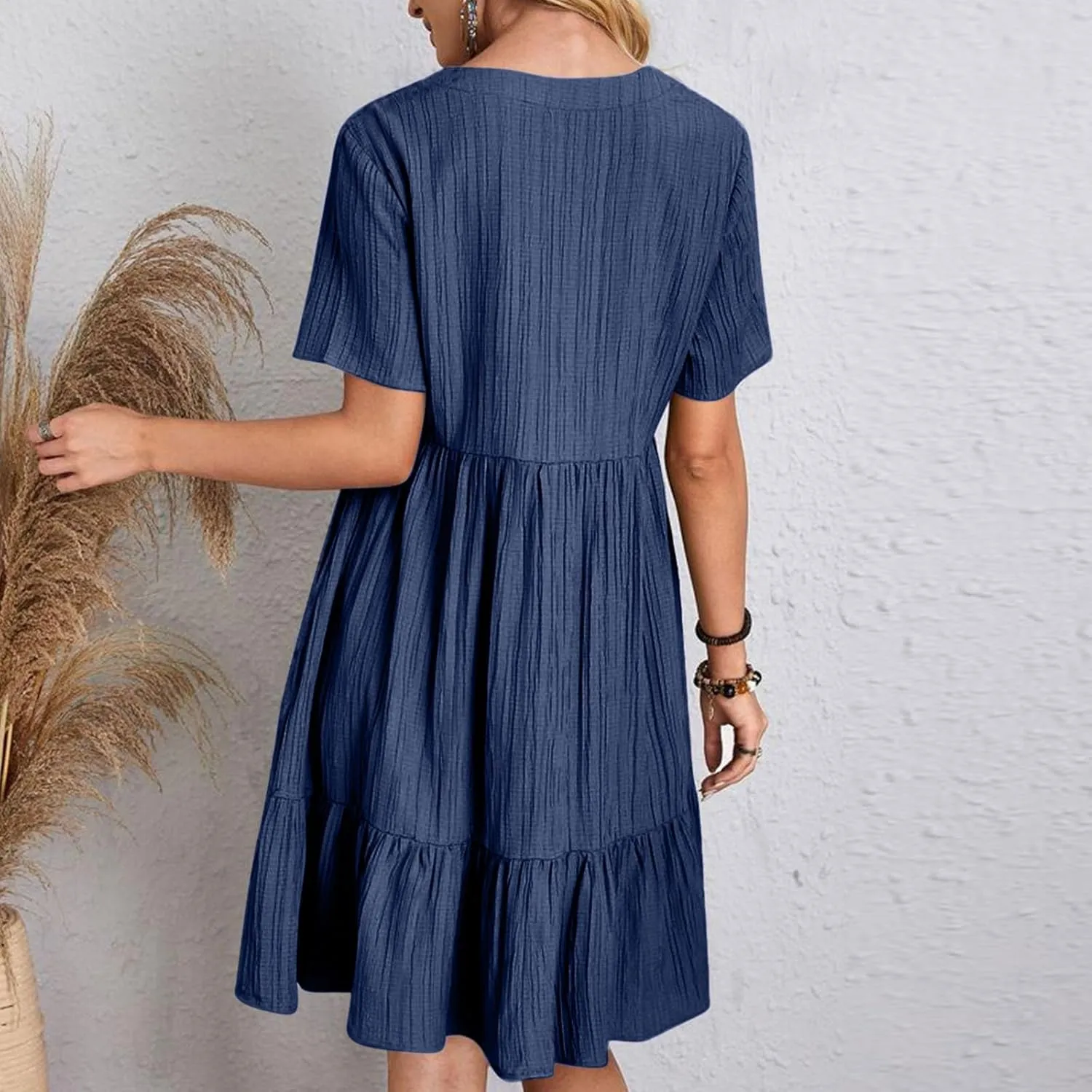Summer Dress for Women 2025 Casual V Neck Short Sleeve Swing Midi Dresses Ruffle Tiered Flowy Beach A-Line Sundress