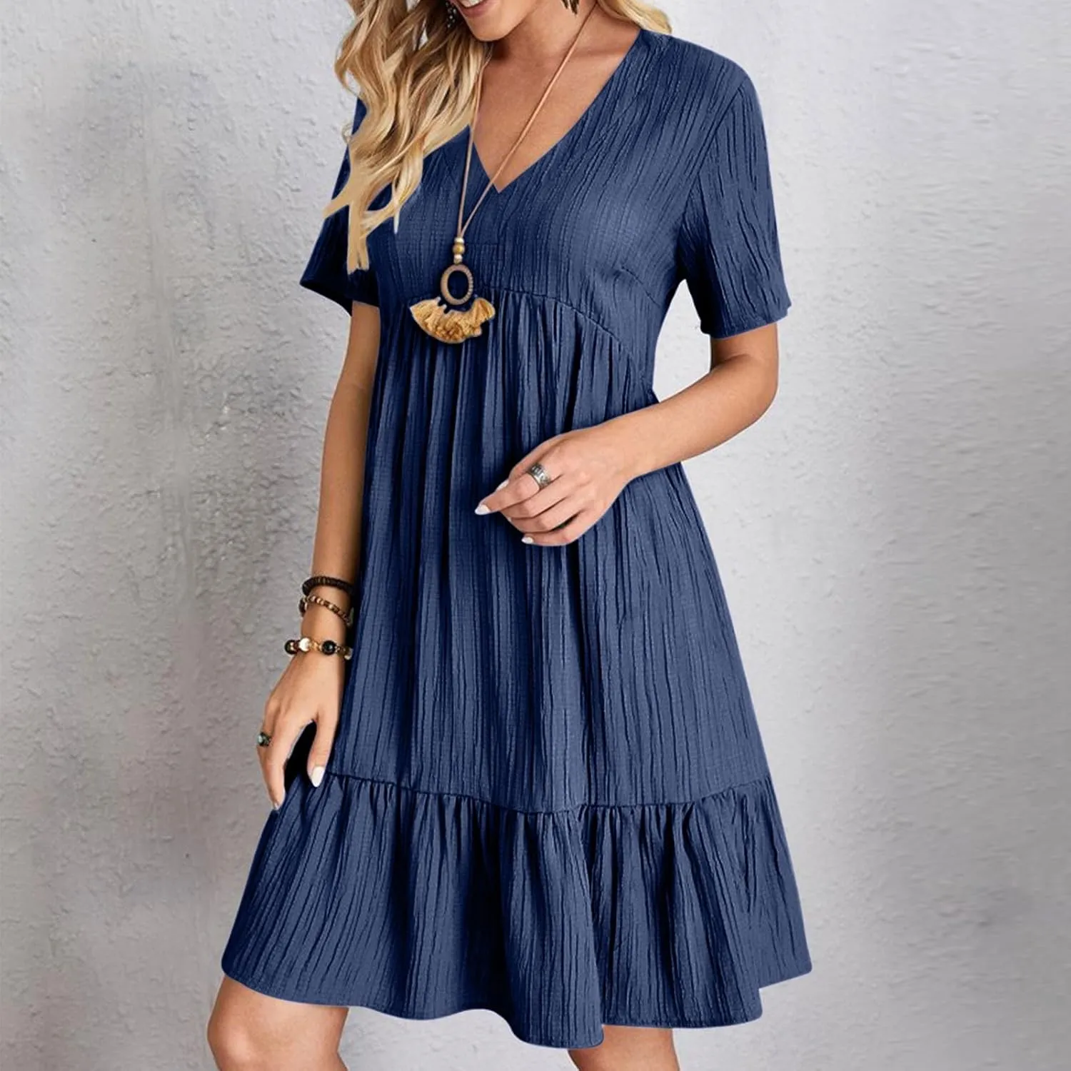 Summer Dress for Women 2025 Casual V Neck Short Sleeve Swing Midi Dresses Ruffle Tiered Flowy Beach A-Line Sundress