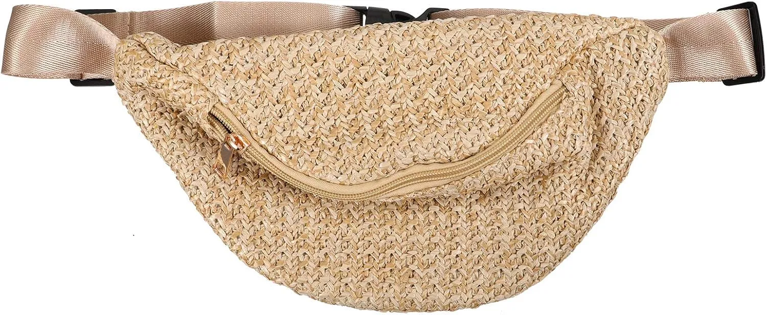 Summer Straw Woven Waist Bag - Crossbody Chest Pouch for Women, Ideal for Hiking, Biking, Dog Walking, and Outdoor Activities, 12.20 X 6.29 X 0.78 Inches, Brown