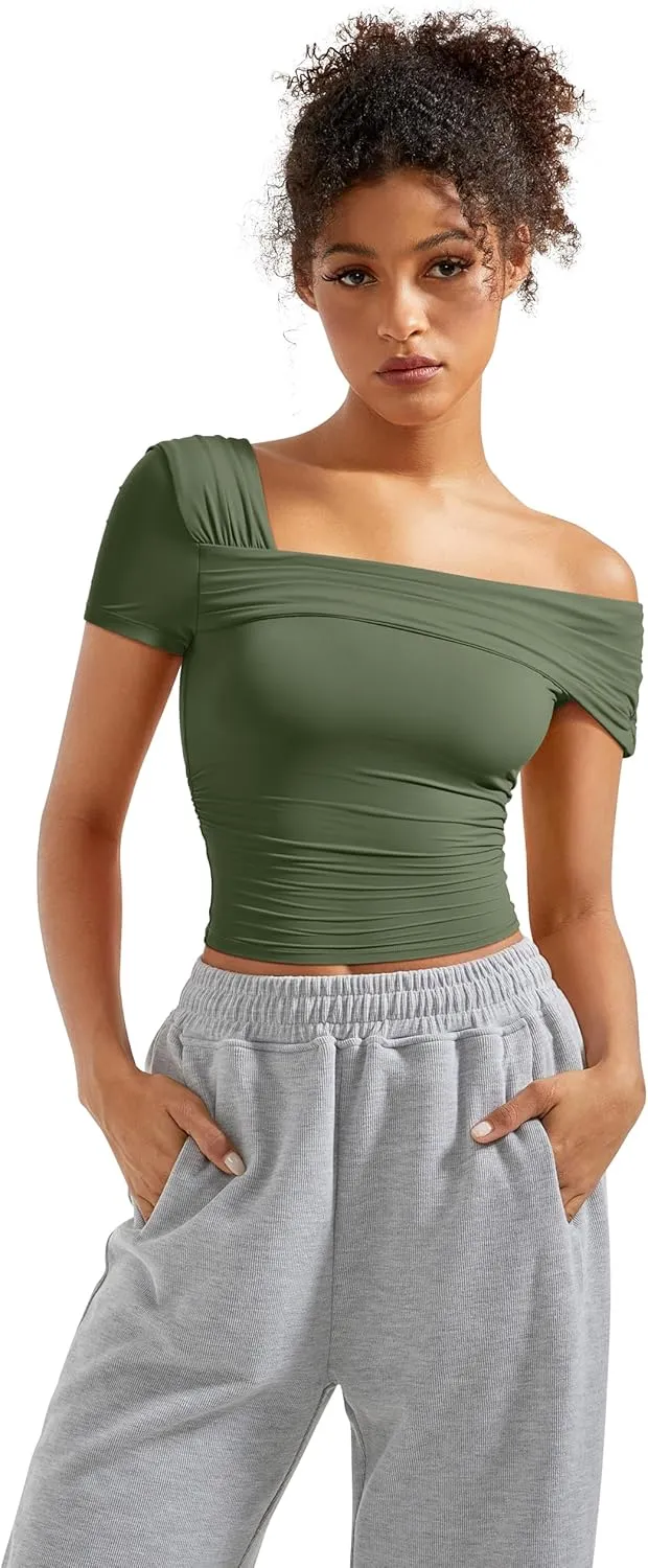 SUUKSESS Women One Off The Shoulder Summer Tank Tops Ruched Short Sleeve Shirts