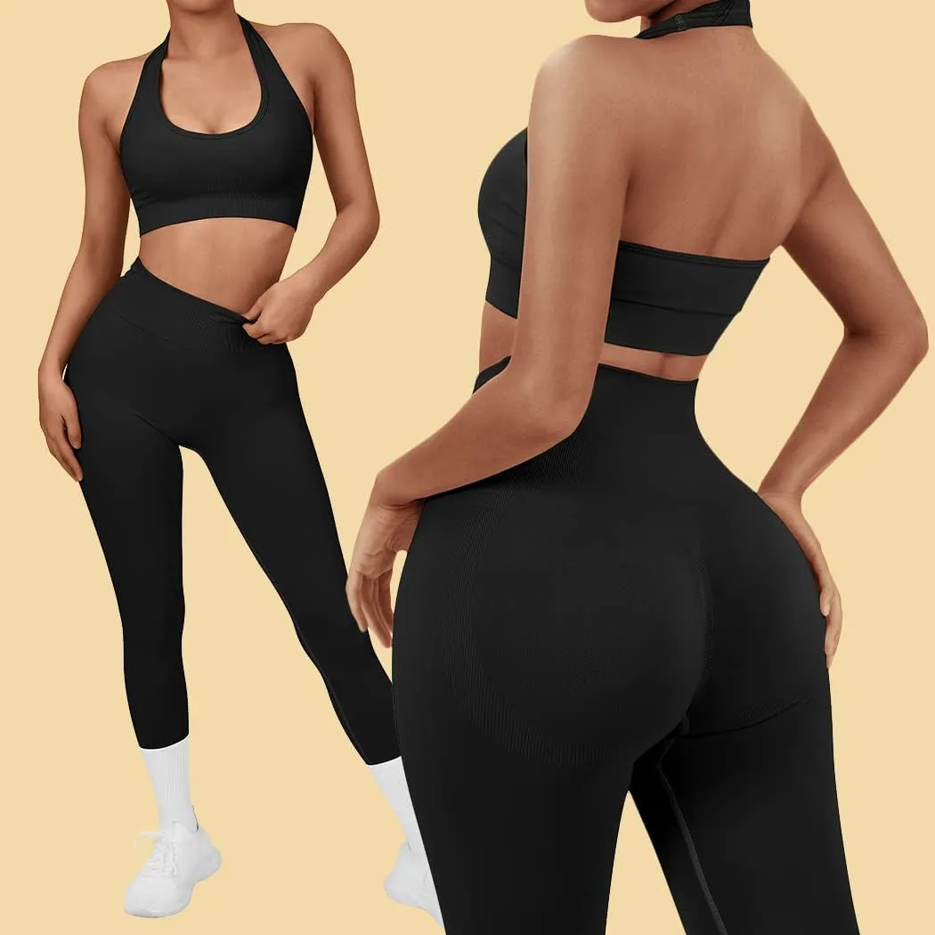 SUUKSESS Women Seamless Halter Sports Bra Open Back Padded Workout Crop Tank Tops