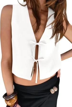 Tankaneo Womens Bow Tie Front Cropped Vest Tops Cute V Neck Sleeveless Shirts Summer Casual Y2k Going Out Tank Tops