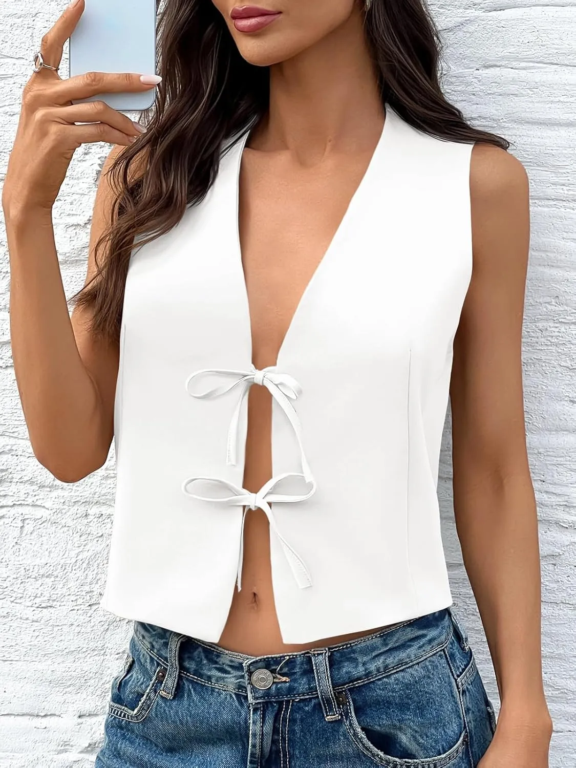 Tankaneo Womens Bow Tie Front Cropped Vest Tops Cute V Neck Sleeveless Shirts Summer Casual Y2k Going Out Tank Tops