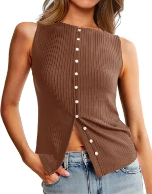 Tankaneo Womens Going Out Tops Summer Button Down Ribbed Tank Shirts Cropped Cute Y2k Vest Tops 2025 Fashion Outfits