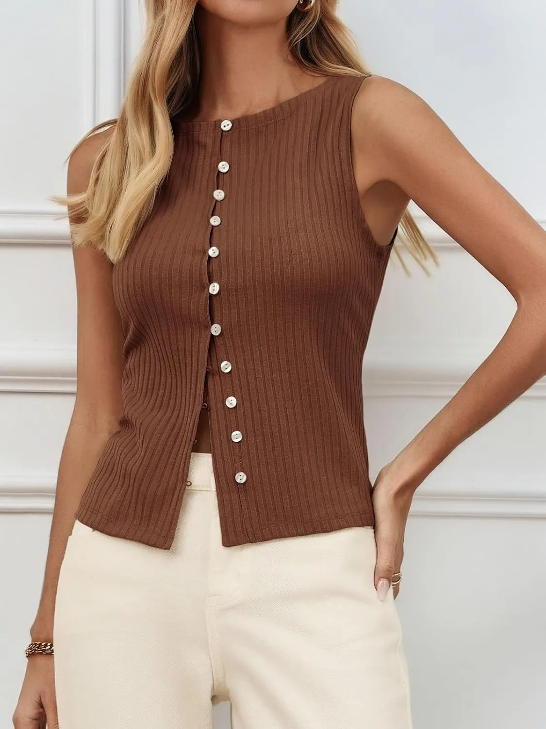 Tankaneo Womens Going Out Tops Summer Button Down Ribbed Tank Shirts Cropped Cute Y2k Vest Tops 2025 Fashion Outfits