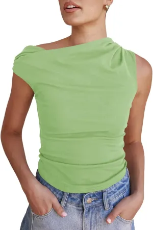 Tankaneo Womens Off The Shoulder Tops Boat Neck Fitted Ruched Shirt Summer Trendy Y2K Going Out Tank Tops