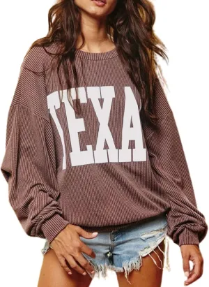 Texas Womens Sweatshirt Crewneck Long Sleeve Graphic Print Drop Shoulder Pullover Shirts Tops
