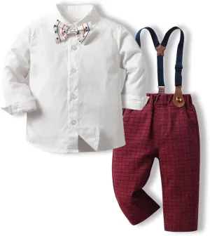 Toddler Boys Gentleman Outfits Long Sleeve White Bowtie Shirts Suspenders Pants Suits Tuxedos