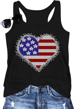 USA Tank Tops Women: Flag Sequin Tank Patriotic Shirts 4th of July Sleeveless T Shirt Summer Casual Bling Tops