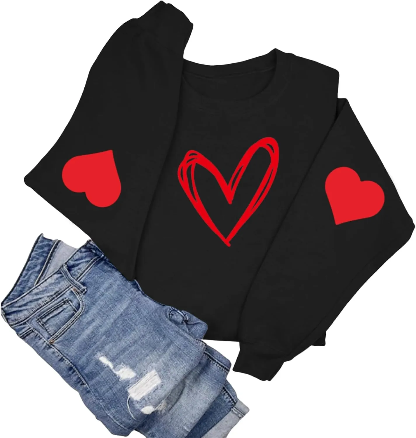 Valentines Sweatshirt Women Red Love Heart Graphic Crewneck Long Sleeve Shirts Valentine's Pullover Tops