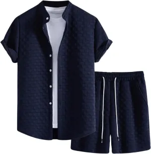 Verdusa Men's 2 Pieces Outfits Short Sleeve Button Down Shirts Textured Short Set