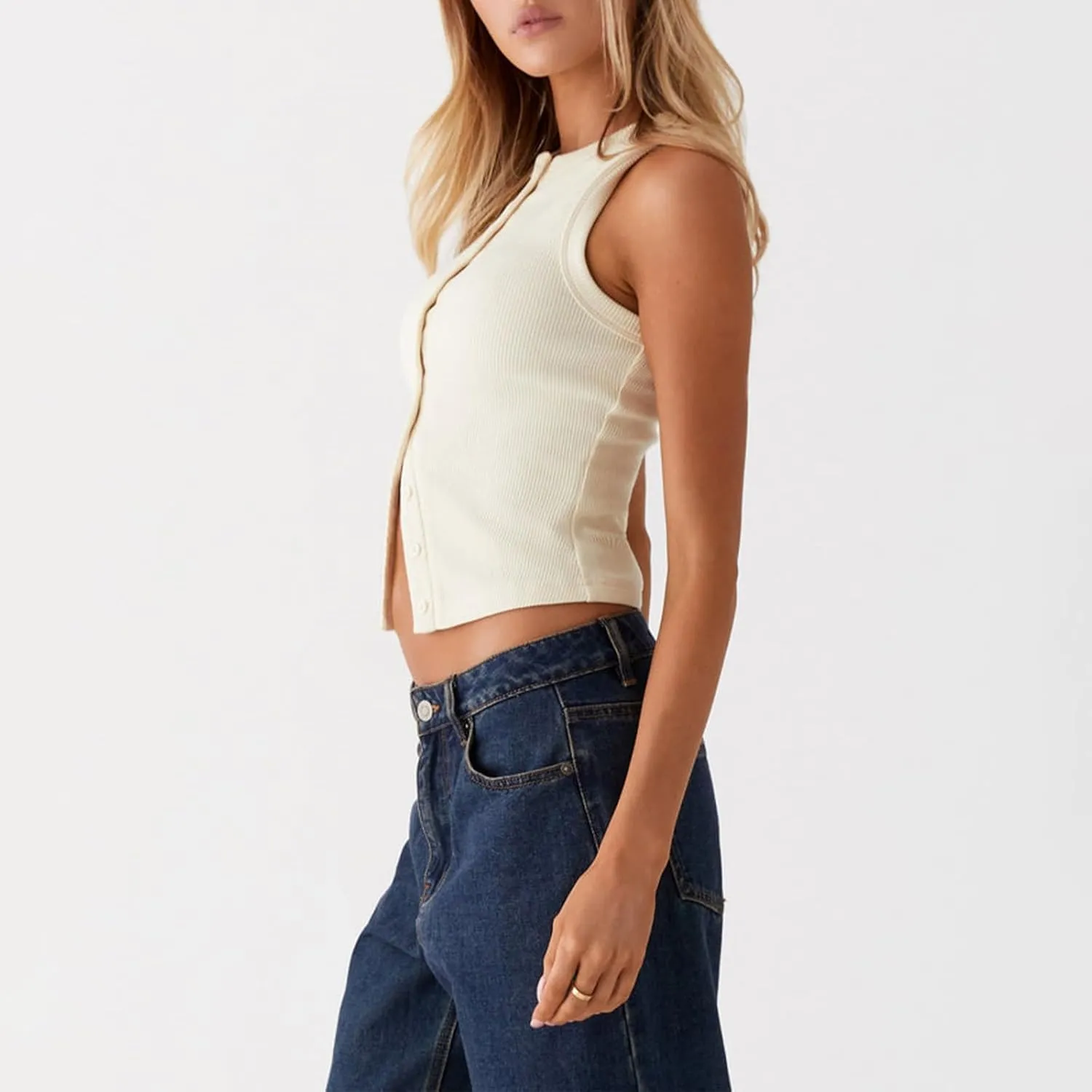 wdehow Women Y2k Ribbed Vest Button Down Solid Color V Neck Sleeveless Slim Fit Crop Going Out Tops