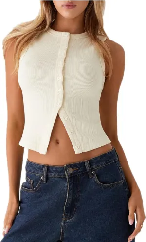 wdehow Women Y2k Ribbed Vest Button Down Solid Color V Neck Sleeveless Slim Fit Crop Going Out Tops