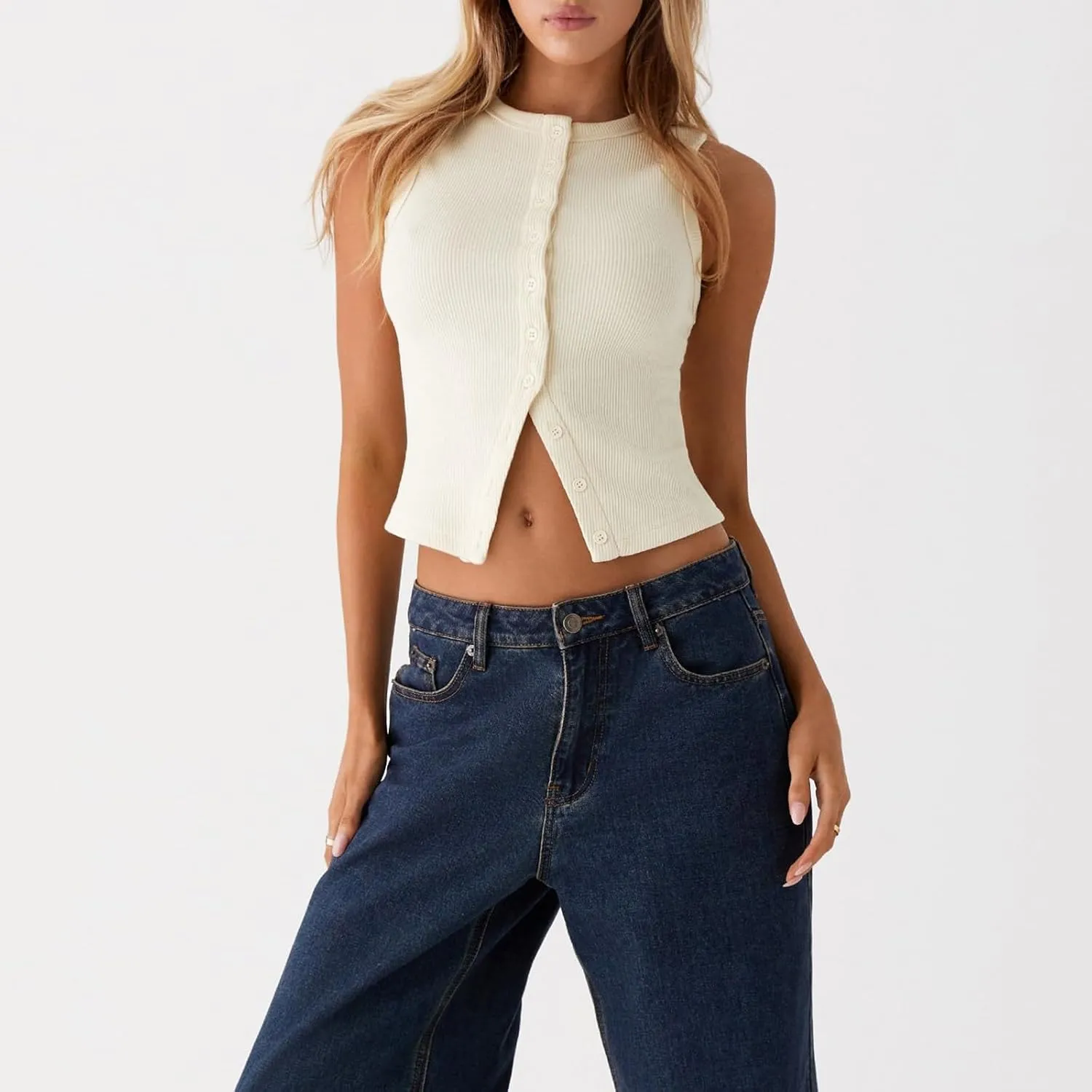 wdehow Women Y2k Ribbed Vest Button Down Solid Color V Neck Sleeveless Slim Fit Crop Going Out Tops