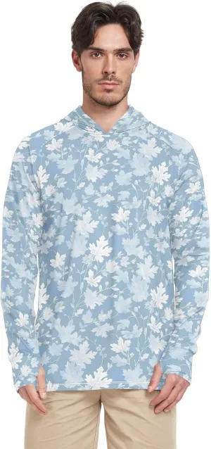 White Leaves Light Blue Men's Sun Protection Hoodie Long Sleeve UPF 50 Mens Sun Shirt Quick Dry UV Rash Guard With Hood Beach Hoodie camisas para el sol