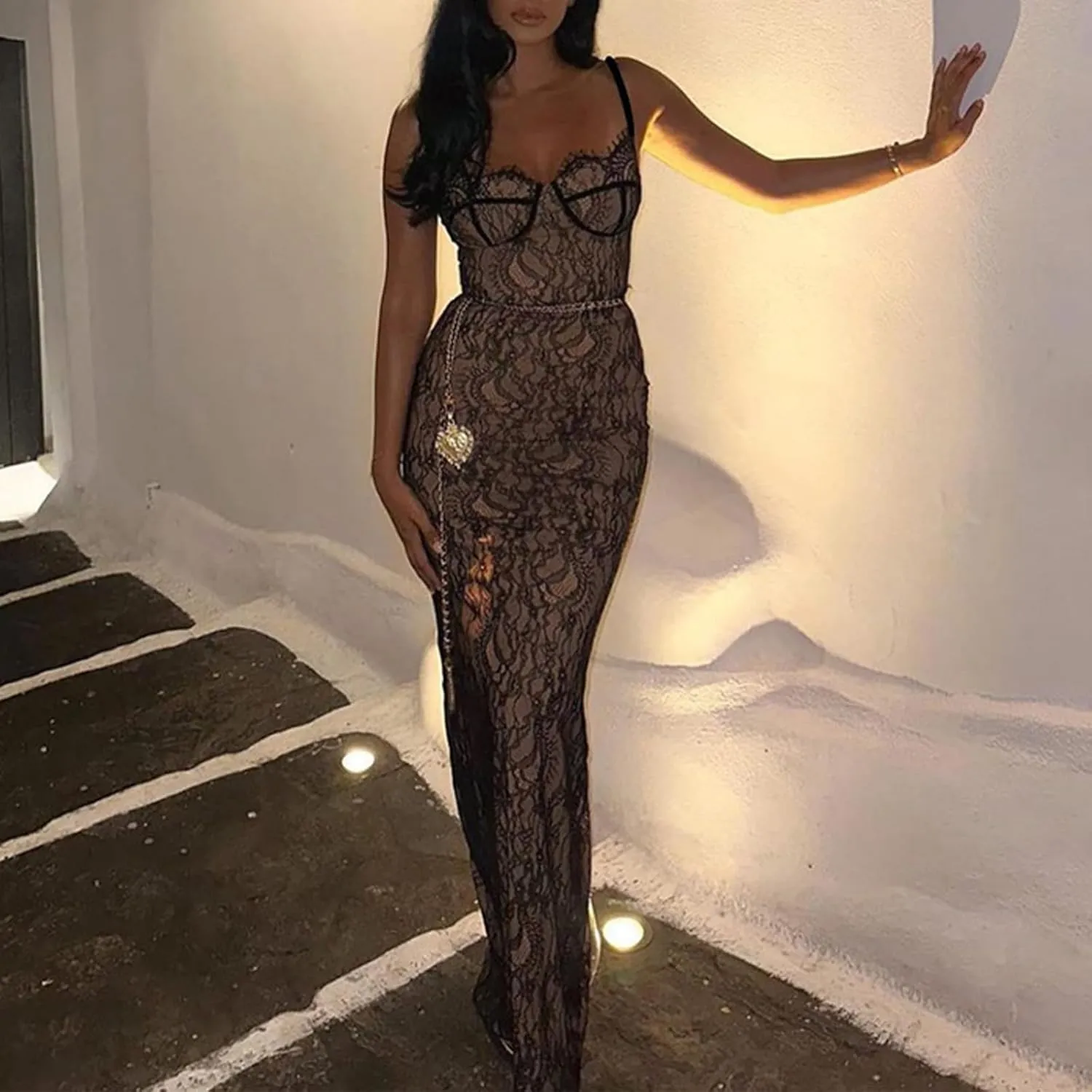 Women 2Pcs Lingerie Set Lace See-Through Sleeveless Camisoles High Waist Long Skirts with Chain Sleepwear