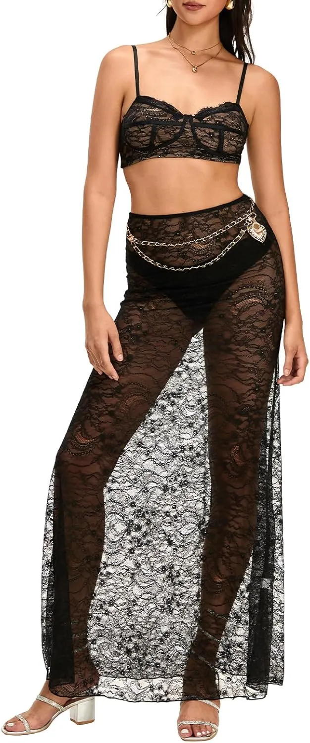 Women 2Pcs Lingerie Set Lace See-Through Sleeveless Camisoles High Waist Long Skirts with Chain Sleepwear