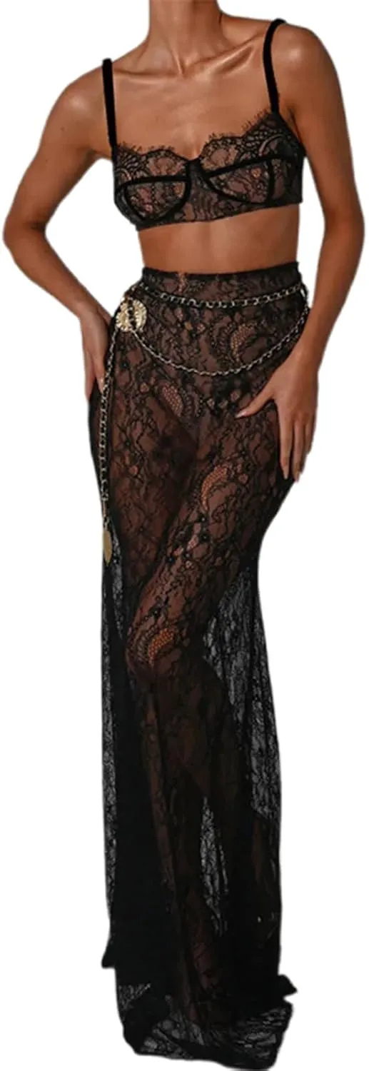 Women 2Pcs Lingerie Set Lace See-Through Sleeveless Camisoles High Waist Long Skirts with Chain Sleepwear