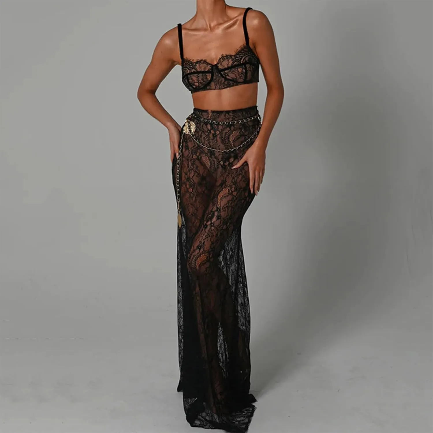 Women 2Pcs Lingerie Set Lace See-Through Sleeveless Camisoles High Waist Long Skirts with Chain Sleepwear