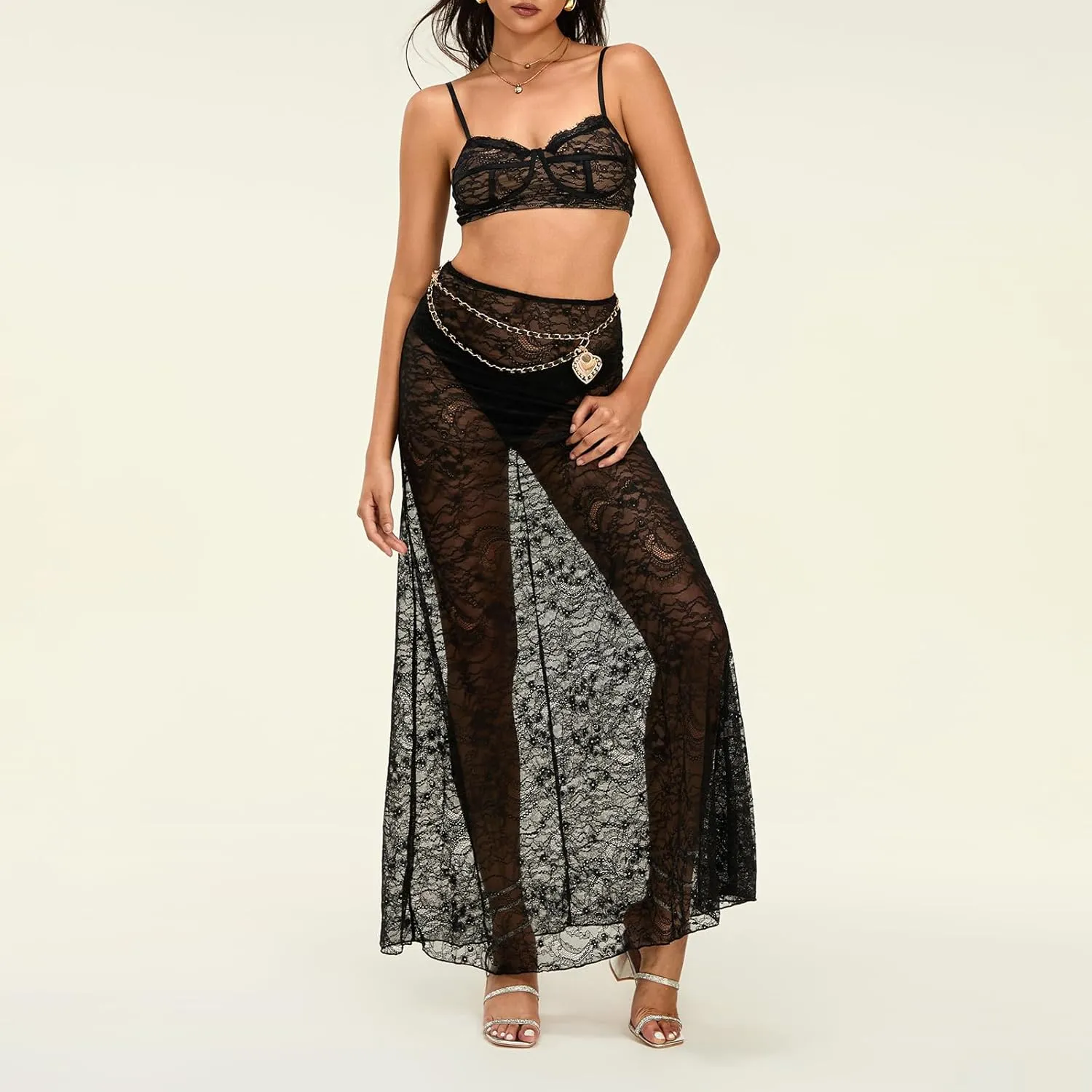 Women 2Pcs Lingerie Set Lace See-Through Sleeveless Camisoles High Waist Long Skirts with Chain Sleepwear