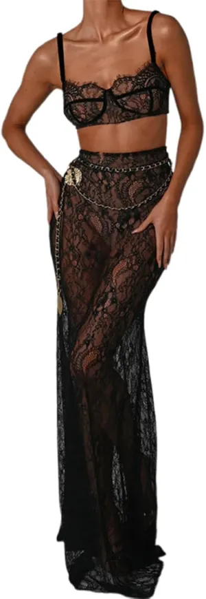 Women 2Pcs Lingerie Set Lace See-Through Sleeveless Camisoles High Waist Long Skirts with Chain Sleepwear