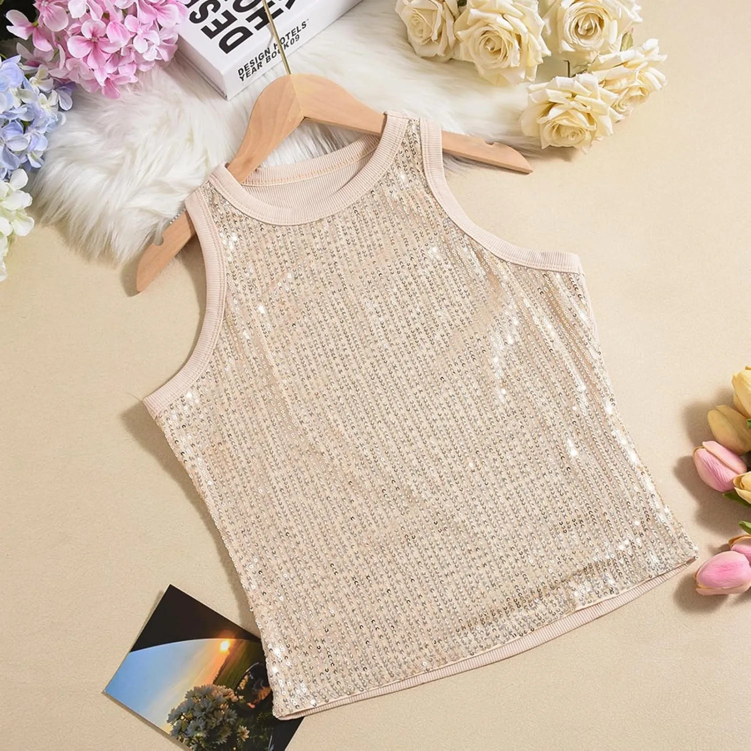 Women Casual Sleeveless Sequin Sparkle Tank Tops Sexy Fashion O Neck Glitter Camisole Vest