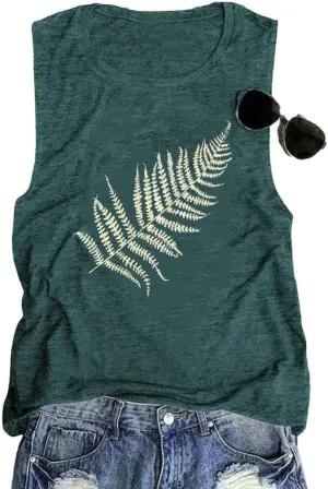 Women Leaf Graphic Tank Tops Summer Aesthetic Plant Print Hiking Adventure Sleeveless Casual Loose Blouse