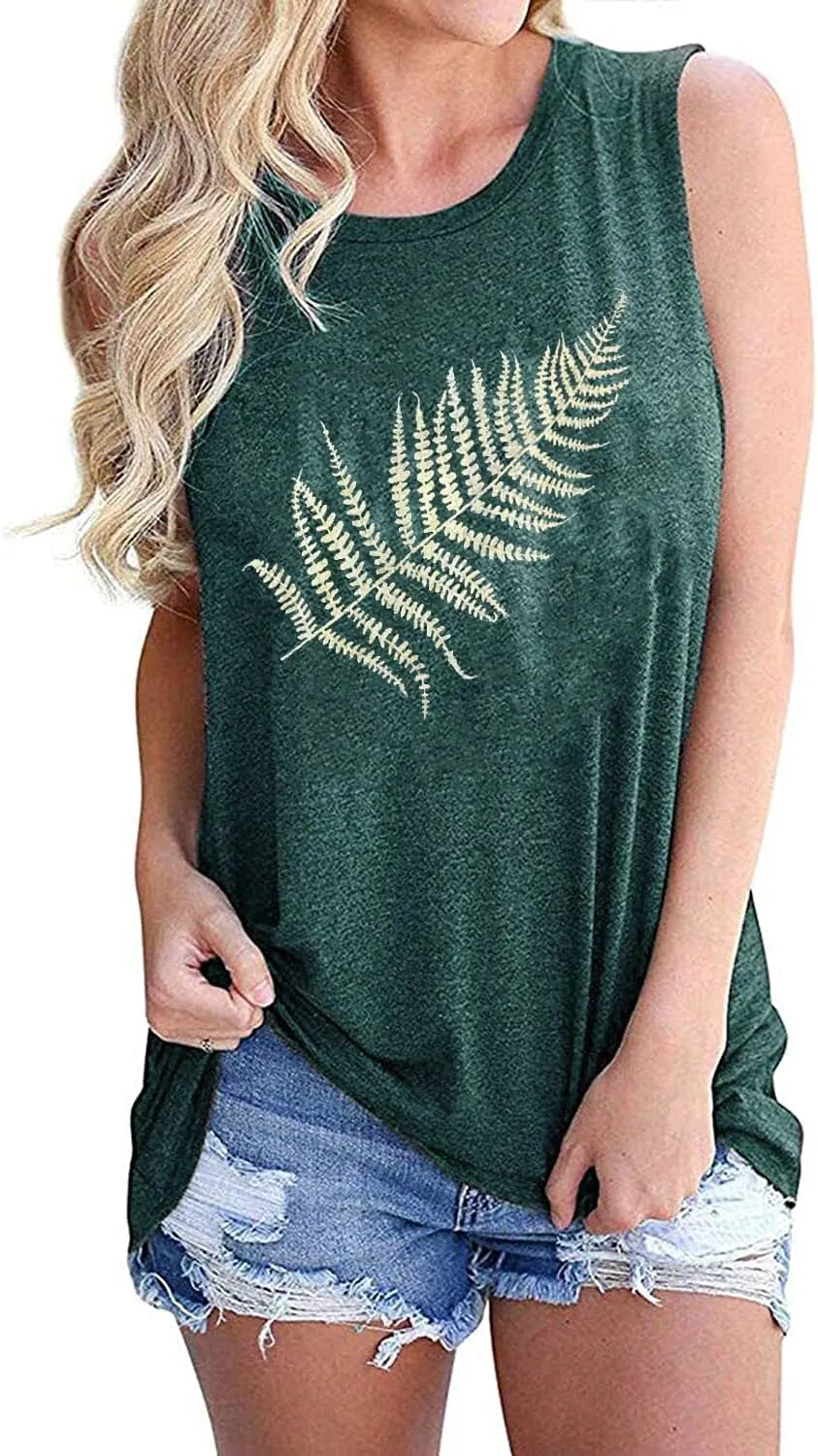 Women Leaf Graphic Tank Tops Summer Aesthetic Plant Print Hiking Adventure Sleeveless Casual Loose Blouse