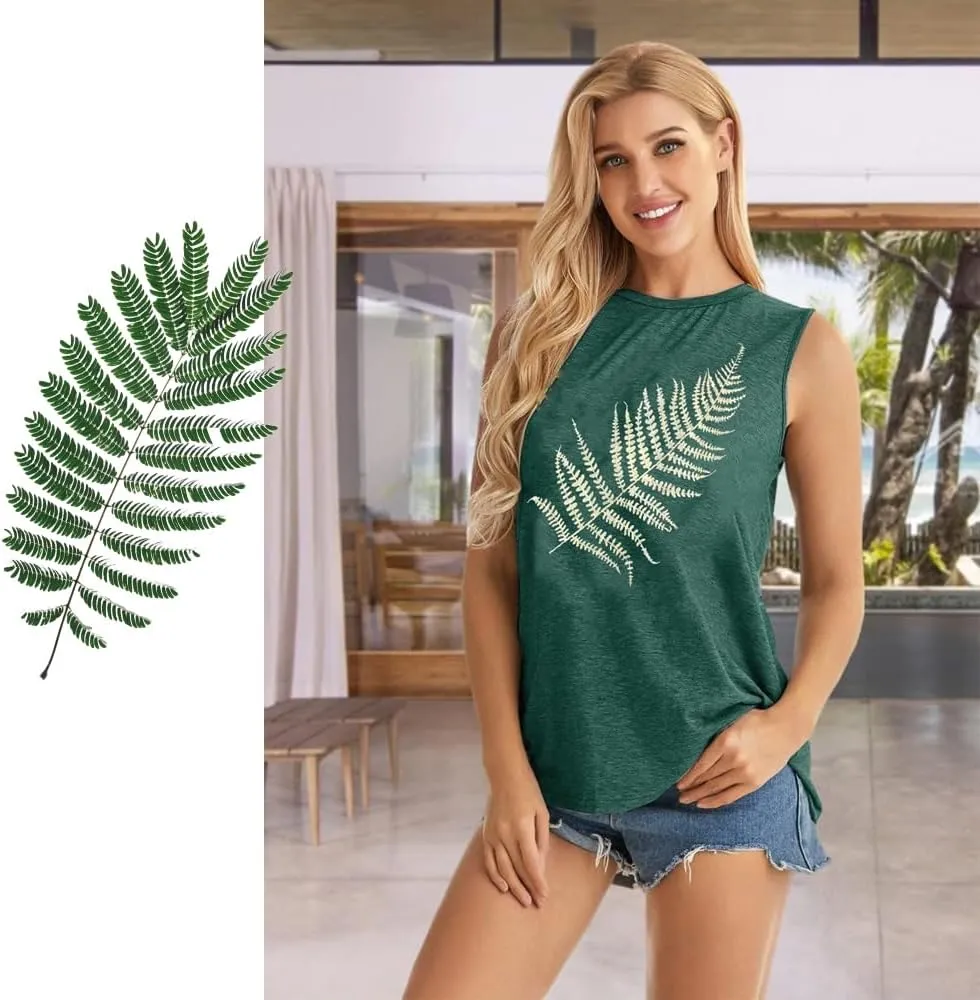 Women Leaf Graphic Tank Tops Summer Aesthetic Plant Print Hiking Adventure Sleeveless Casual Loose Blouse