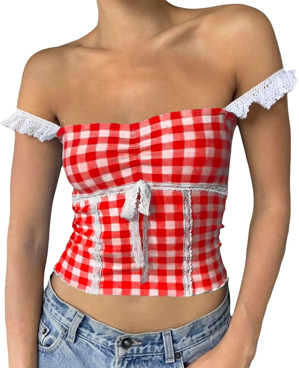 Women Sexy Low-Cut Plaid Camisoles Sleeveless Backless Slim Fit Lace Trim Cropped Strappy Tank Tops Streetwear