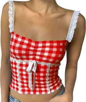 Women Sexy Low-Cut Plaid Camisoles Sleeveless Backless Slim Fit Lace Trim Cropped Strappy Tank Tops Streetwear