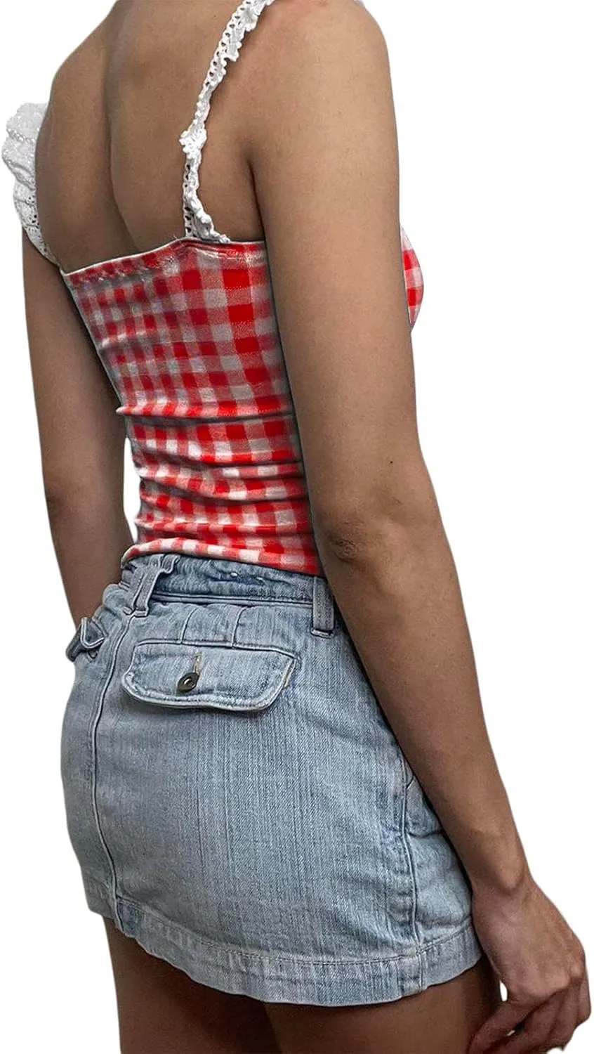 Women Sexy Low-Cut Plaid Camisoles Sleeveless Backless Slim Fit Lace Trim Cropped Strappy Tank Tops Streetwear