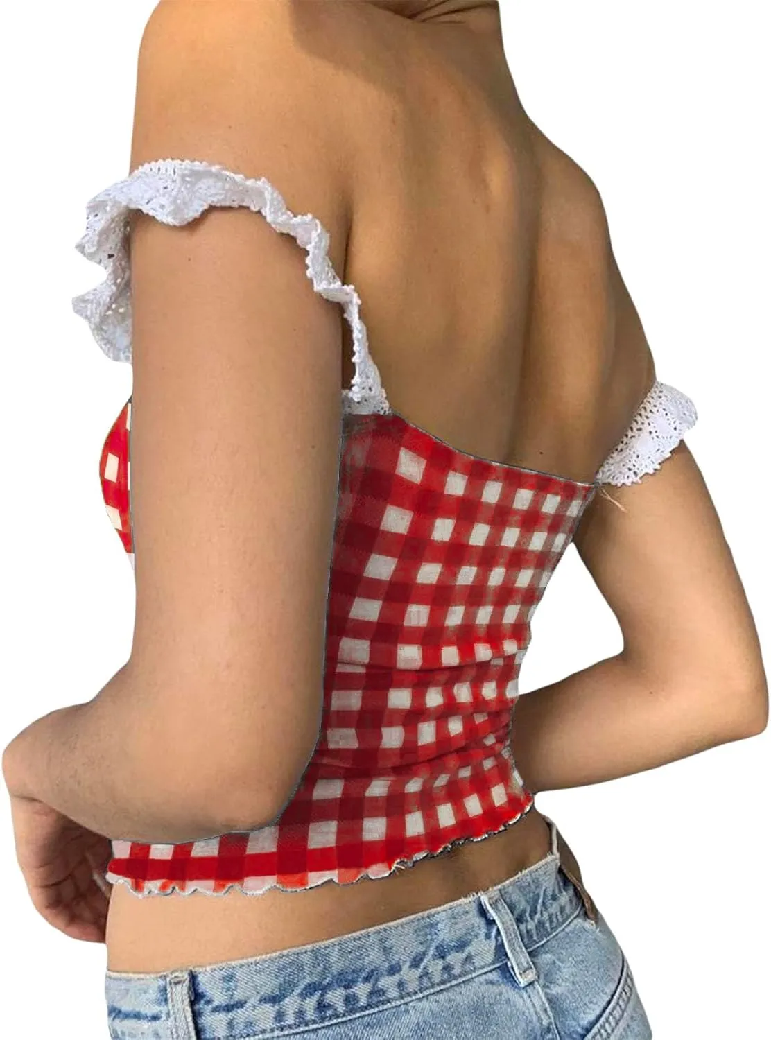 Women Sexy Low-Cut Plaid Camisoles Sleeveless Backless Slim Fit Lace Trim Cropped Strappy Tank Tops Streetwear