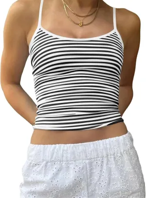 Women Spaghetti Strap Striped Camisole Top Slim Scoop Neck Backless Crop Tops Summer Streetwear