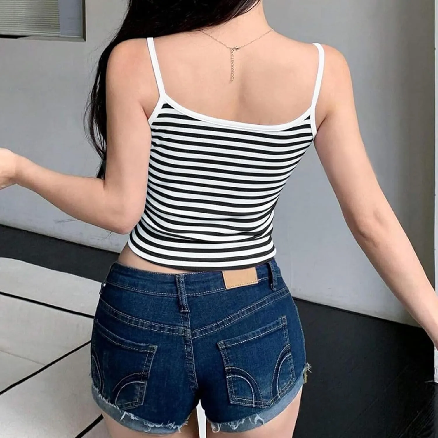 Women Spaghetti Strap Striped Camisole Top Slim Scoop Neck Backless Crop Tops Summer Streetwear