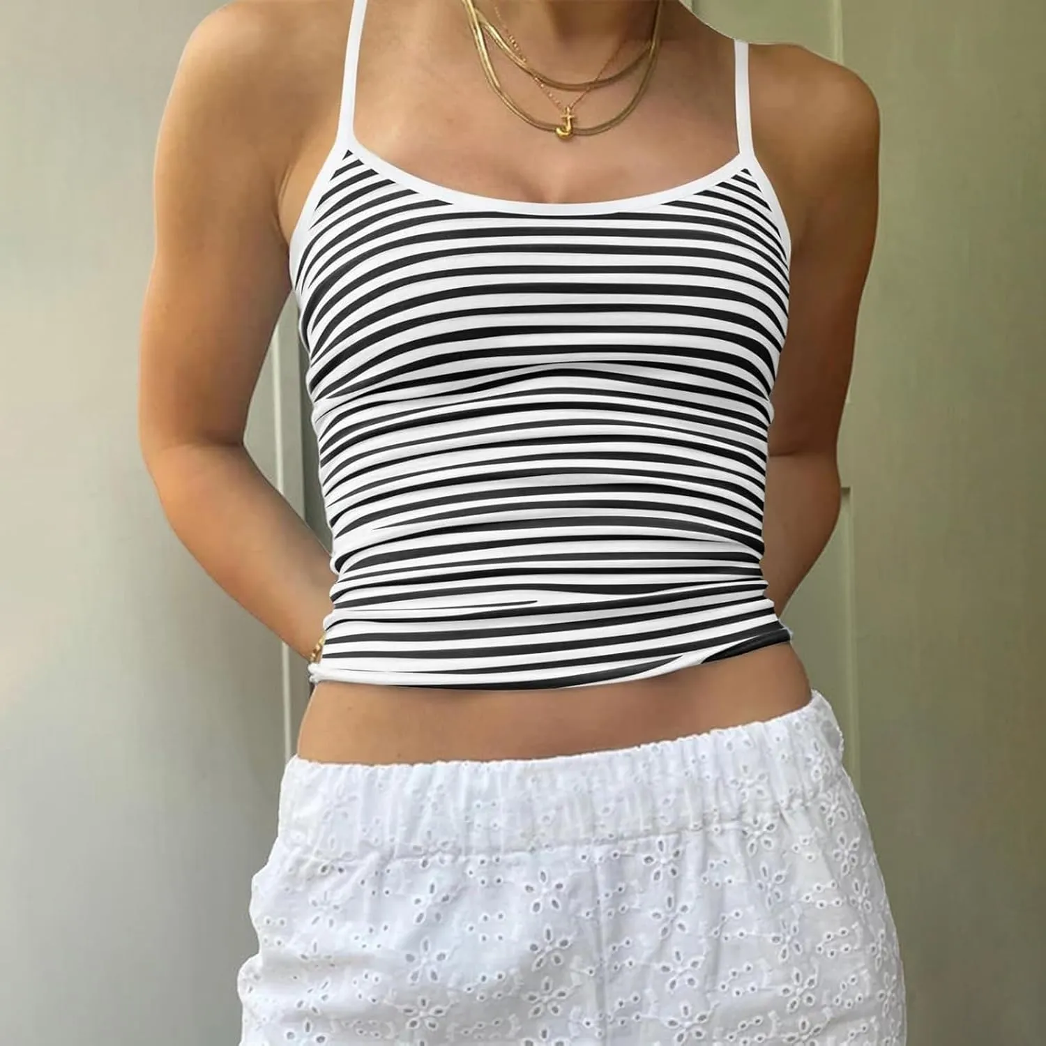 Women Spaghetti Strap Striped Camisole Top Slim Scoop Neck Backless Crop Tops Summer Streetwear