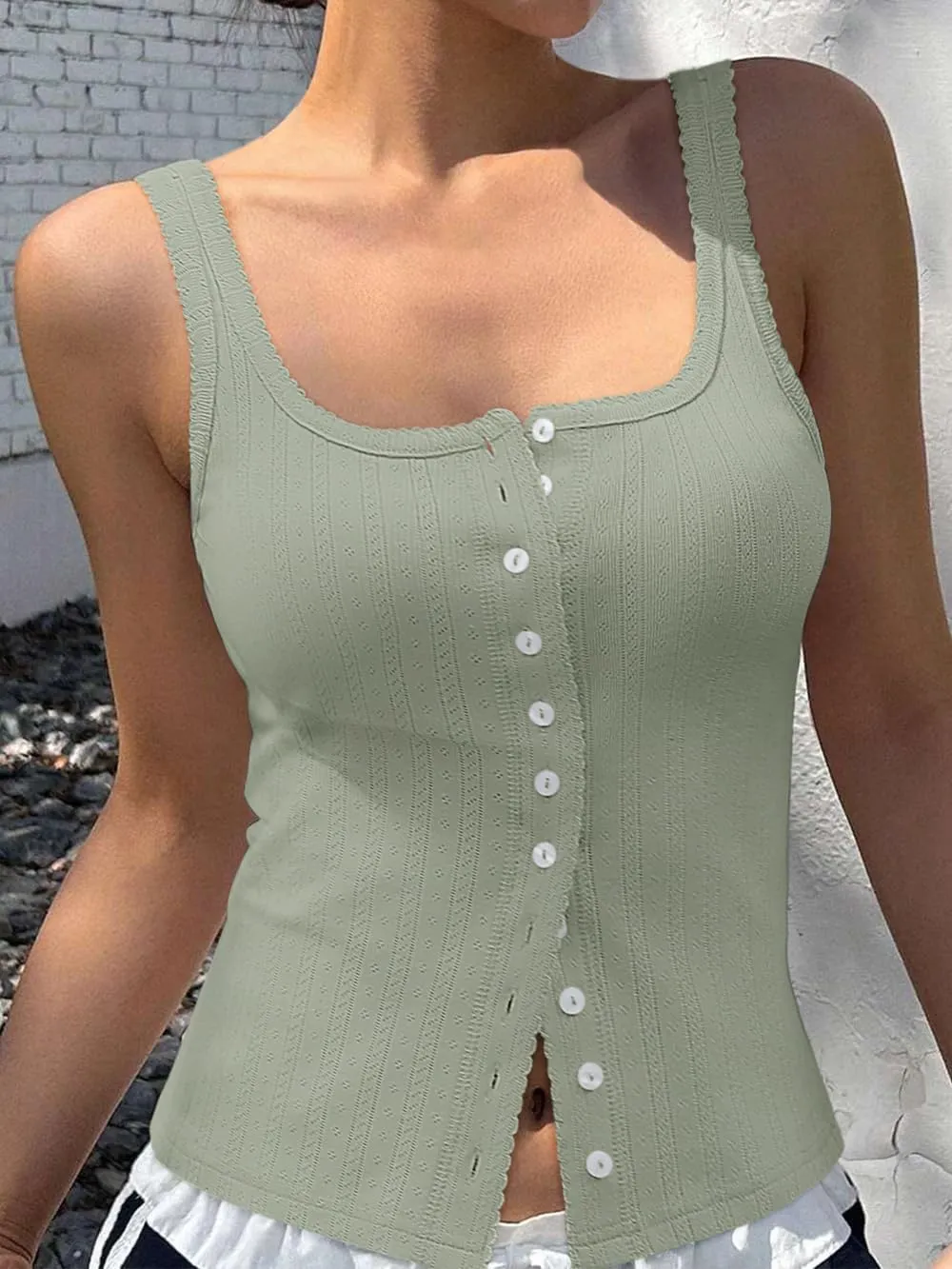 Women Square Neck Crop Tank Tops Sexy Y2K Summer Sleeveless Button Down Fitted Shirts Lace Going Out Camisole Tops