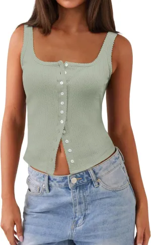 Women Square Neck Crop Tank Tops Sexy Y2K Summer Sleeveless Button Down Fitted Shirts Lace Going Out Camisole Tops