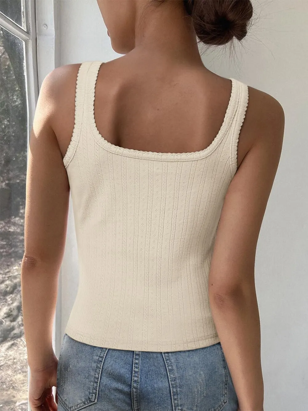 Women Square Neck Crop Tank Tops Sexy Y2K Summer Sleeveless Button Down Fitted Shirts Lace Going Out Camisole Tops