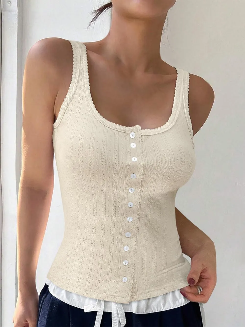 Women Square Neck Crop Tank Tops Sexy Y2K Summer Sleeveless Button Down Fitted Shirts Lace Going Out Camisole Tops