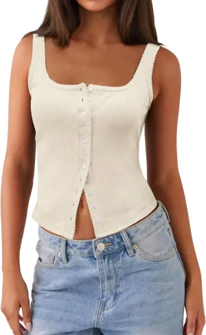 Women Square Neck Crop Tank Tops Sexy Y2K Summer Sleeveless Button Down Fitted Shirts Lace Going Out Camisole Tops