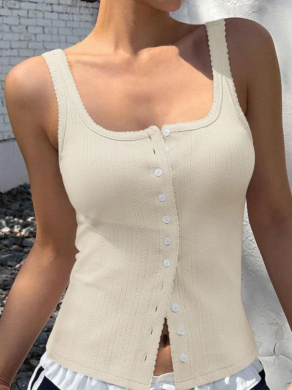Women Square Neck Crop Tank Tops Sexy Y2K Summer Sleeveless Button Down Fitted Shirts Lace Going Out Camisole Tops