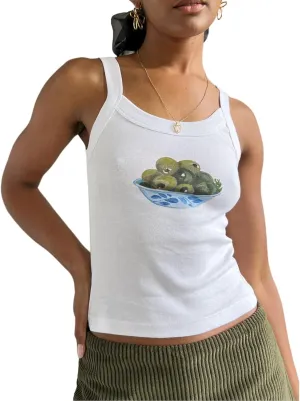 Women Vintage Graphic Tank Tops Causal Sleeveless Y2K 90s Retro Cami Shirt Summer Scoop Neck Fruit Print Camisole
