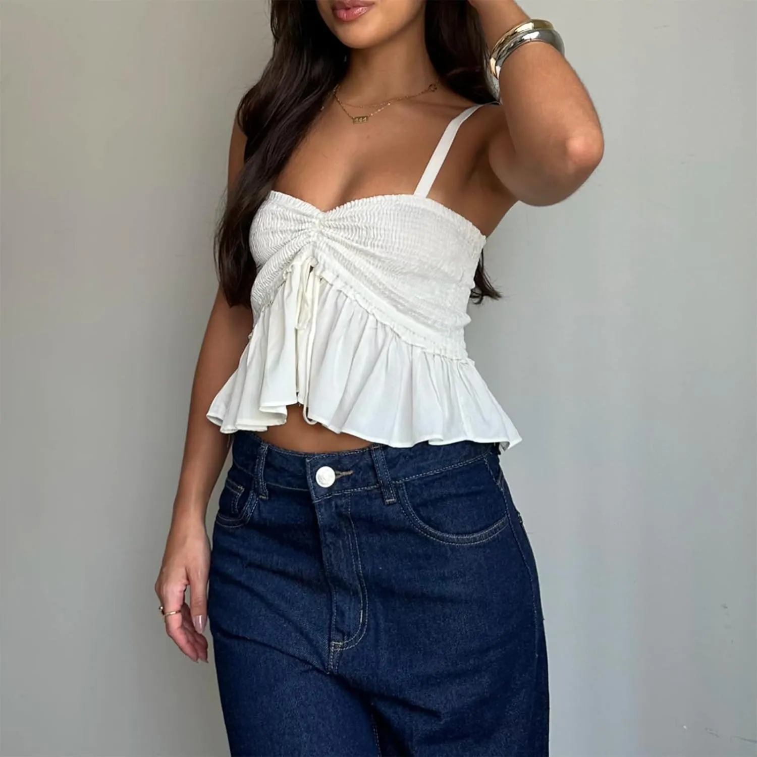 Women Y2K Babydoll Peplum Cami Shirt Spaghetti Strap V Neck Ruffle Hem Camisole Sleeveless Summer Going Out Tops