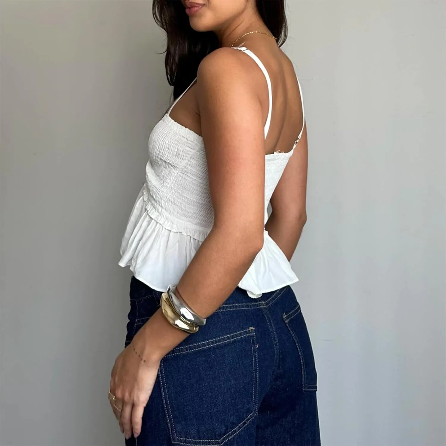 Women Y2K Babydoll Peplum Cami Shirt Spaghetti Strap V Neck Ruffle Hem Camisole Sleeveless Summer Going Out Tops