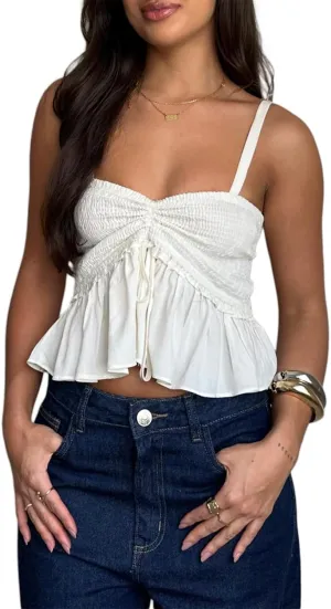 Women Y2K Babydoll Peplum Cami Shirt Spaghetti Strap V Neck Ruffle Hem Camisole Sleeveless Summer Going Out Tops