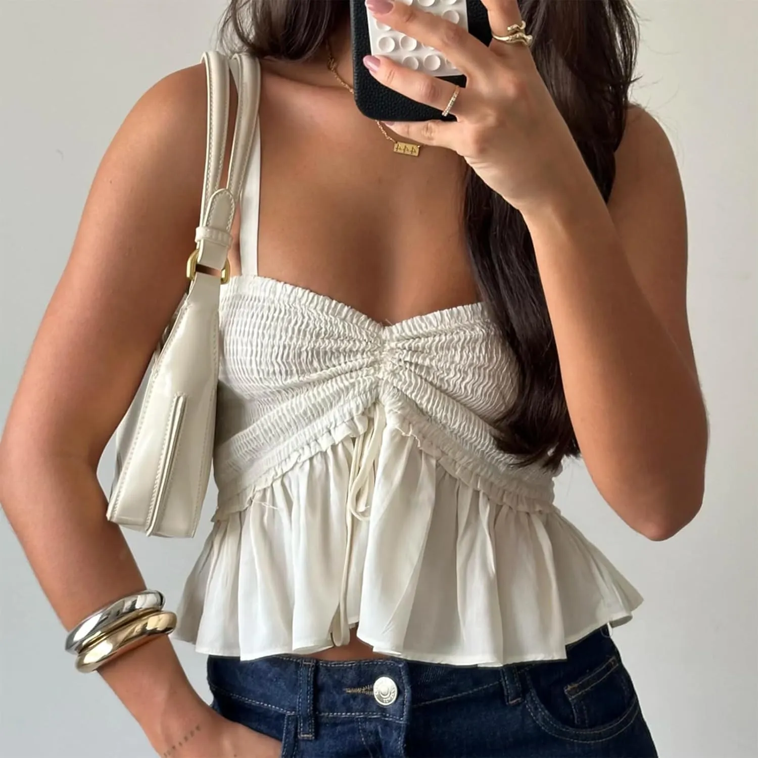 Women Y2K Babydoll Peplum Cami Shirt Spaghetti Strap V Neck Ruffle Hem Camisole Sleeveless Summer Going Out Tops