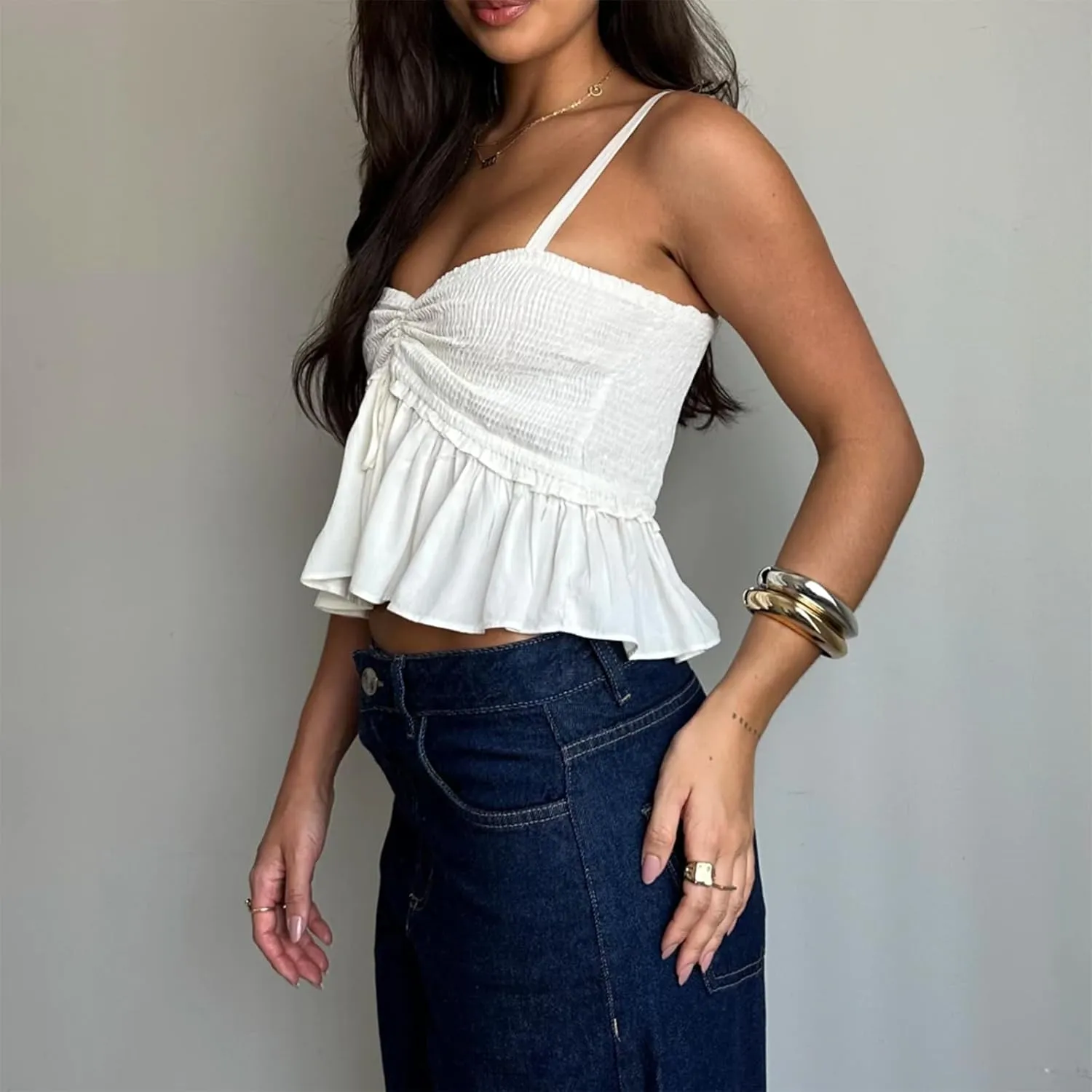 Women Y2K Babydoll Peplum Cami Shirt Spaghetti Strap V Neck Ruffle Hem Camisole Sleeveless Summer Going Out Tops